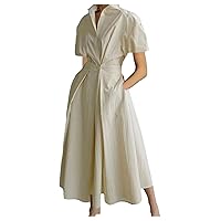 Button Shirt Dress for Womens Cotton Linen Print A-line Long Dresses Short Sleeve Pleated Maxi Dress with Pockets