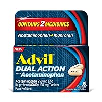 Dual Action with Acetaminophen combination of 250mg Ibuprofen and 500mg Acetaminophen Coated Caplets for 8 hours of pain relief 18 Caplets, 5.41 Fl oz