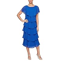 S.L. Fashions Women's Georgette Scoop Neck Tiered Midi Length Wedding Guest Dress with Beaded Shoulder Detail