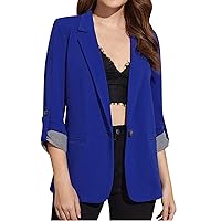 Womens Suit Jacket Stripe Trim Rolled 3/4 Sleeve Blazers 2023 Fall Fashion Dressy Casual Notched Lapel Button Blazer