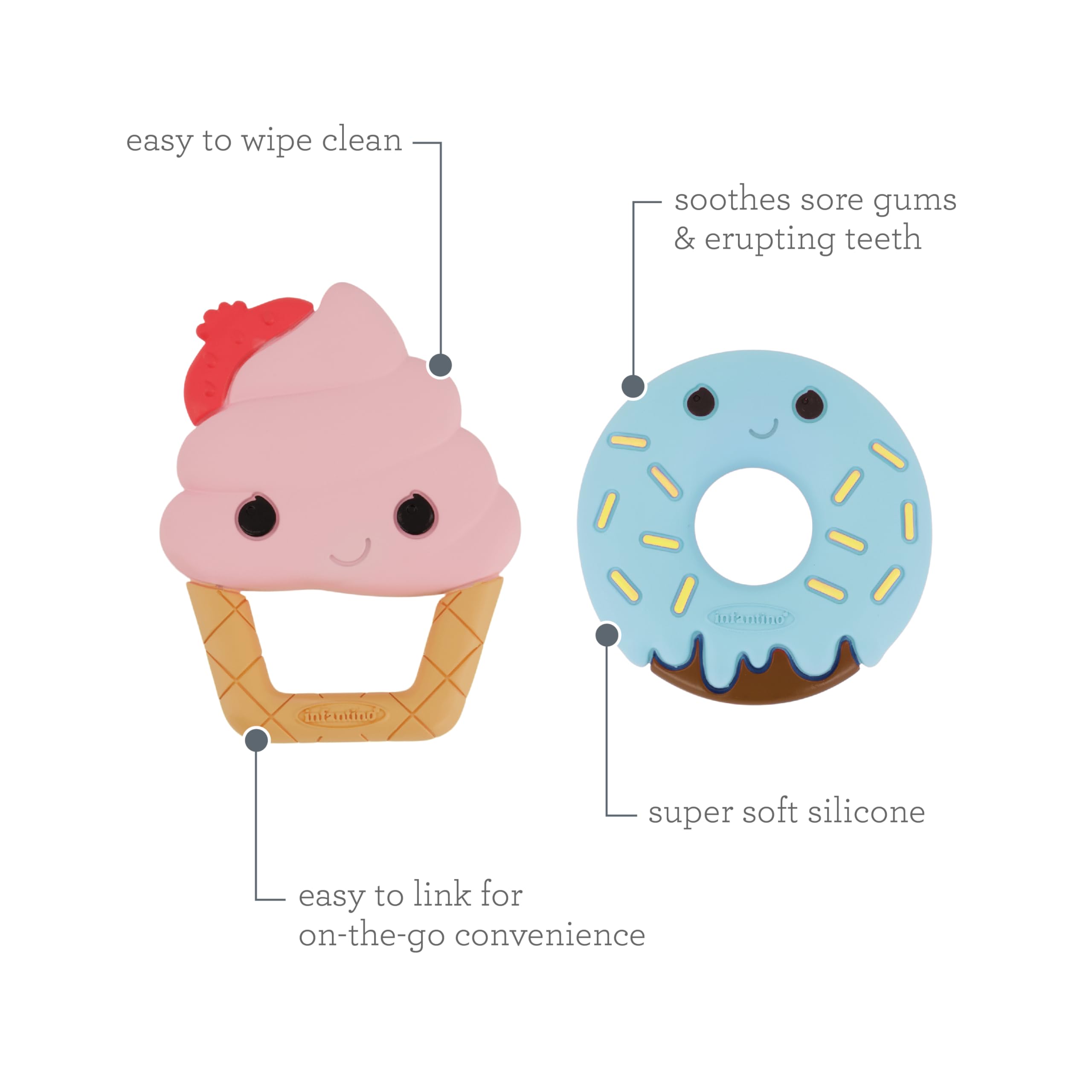 Infantino Sweet Tooth Silicone Teethers, Textured Ice Cream and Donut, 2-Pack