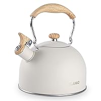 Tea Kettle, BELANKO 85 OZ / 2.5 Liter Whistling Tea Kettle Pots for Stove Top Food Grade Stainless Steel with Wood Pattern Folding Handle, Loud Whistle for Tea, Coffee, Milk - Milk White