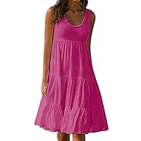 Women's Summer Casual Solid Sleeveless Mini Dresses Ruffle Tiered A Line Flowy Mini Beach Dress Plus Size Tank Dress