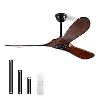Solid Wood Ceiling Fans Without Light, 52 inch Real Wood Ceiling Fan with 6-Speeds 3 Wood Blades, Indoor Outdoor Ceiling Fans for Garage, Farmhouse, Living Room, Bedroom, Office