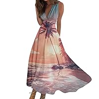 Hawaii Dress for Women,Beach Vacation Flowy Dress Women Wrap V Neck Elegant 2024 Summer Pleated Sundress