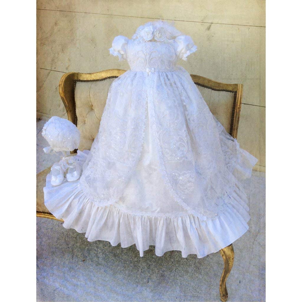 Fenghuavip Stylish Short Sleeve Long Infant Christening Gowns for Baby Girls