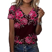 Women’s Summer Casual Floral Printed Short Sleeve Tshirt Tops Spring Loose Fit V Neck Graphic Plus Size Tunic Shirts