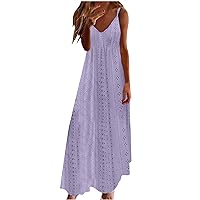 Women's Summer Spaghetti Strap Dress Hollow Out Eyelet Cami Dresses Sexy Casual V Neck Sling Sundress Resort Sun Dresses