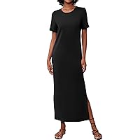 Women's Short Sleeve Double Split Maxi Dress 2024 Summer Casual Plain Striped Loose Long T Shirt Dresses