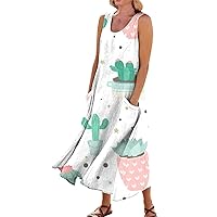 Casual Summer Dres Bohemian Dress for Women 2024 Floral Print Casual Loose Fit Linen with Sleeveless U Neck Pockets Dresses White 3X-Large