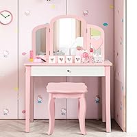 UIIAIOUIAIO Kids Vanity Table, Princess Makeup Dressing Table with Drawer & Tri-Folding Mirror, 2-in-1 Vanity Set with Detachable Top, Pretend Beauty Play Vanity Set for Girls (Pink)