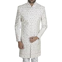 White Silk Designer Wedding Men’s Sherwani: Hand-Embroidered SH1106 White