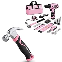 WORKPRO 12V Pink Cordless Drill Driver and Home Tool Kit+8 oz Stubby Fiberglass Claw Hammer