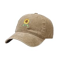 Unisex Baseball Cap Sunflower Embroidery Pattern Adjustable Washed Retro Dad Hat Sun Cap for Outdoor Workout Running Walking