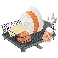 mDesign Large Metal Kitchen Countertop, Sink Dish Drying Rack - Removable Plastic Cutlery Tray, Drainboard with Adjustable Swivel Spout - 3 Pieces - Black/Charcoal Gray