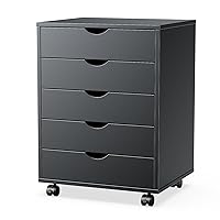 Sweetcrispy 5 Drawer Chest- Dressers Storage Cabinets Wooden Dresser Mobile Cabinet with Wheels Room Organizer Rolling Small Drawers Wood Organization Furniture for Office, Home, Black