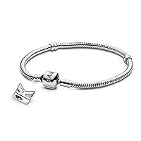 Pandora Jewelry Bundle with Gift Box - Sterling Silver Letter Alphabet Charm & Moments Sterling Silver Snake Chain Charm Bracelet with Barrel Clasp, 7.1