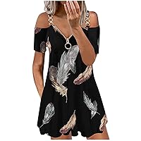 SMIDOW Cruise Dresses for Women 2023 Summer Cold Shoulder Tshirt Mini Dress Sexy Zipper v Neck Feather Print Swing Sundress