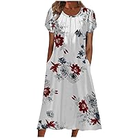 Women Pleated Front Crewneck Petal Short Sleeve Boho Dress Summer Casual Loose Fit Tunic T-Shirt Dress with Pockets