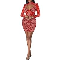 Womens Sexy Long Sleeve Turtleneck Mesh Paneled Rhinestones Open Front Bodycon Party Clubwear Dress