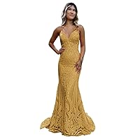 Elegant Gold Prom Dresses 2024 with Lace Sequined Mermaid Long Ball Gown with Spaghetti Straps for Women Size 24W
