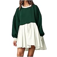 Womens Oversized Sweatshirt Dress Crewneck Long Sleeve Patchwork Pullover Tops Fall Flowy Pleated Sweatshirt Mini Dress
