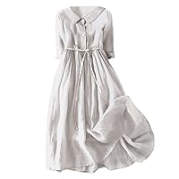 Sun Dress for Women 2024 Summer Casual Flowy Floral Short Sleeve Doll Collar Midi Dress Button Drawstring Beach Long Dresses