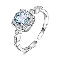 JewelryPalace Cushion Cut 1.8ct Genuine Blue Topaz Halo Rings for Her, 14k Gold 925 Sterling Silver Adjustable Promise Ring for Women, Natural Gemstone Jewellery Sets Rings
