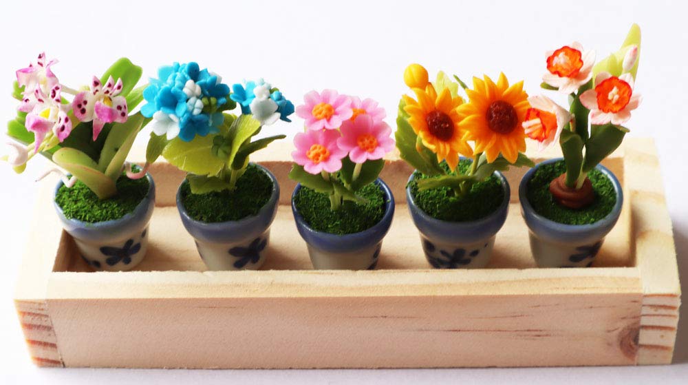 Set 5 Assorted Dollhouse Miniature Flowers,Tiny Flowers in Ceramic Pot with Planter Box, Dollhouse Accessories for Collectibles