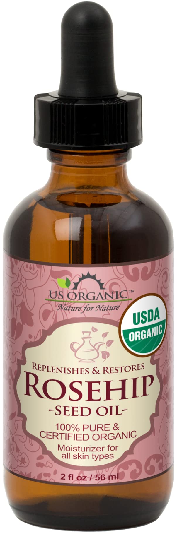 US Organic Rosehip Seed Oil, USDA Certified Organic, Cold Pressed, Virgin Organic, Amber Glass Bottle and Glass Eye Dropper for Easy Application - 2 oz (56 ml)