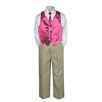 4pc Formal Baby Toddler Boy Burgundy Vest Necktie Khaki Pants Suit S-7 (4T)