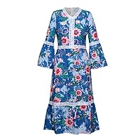 HAN HONG Autumn Dress Ladies Flared Sleeves V-Neck Lace Skirt Patchwork Flower Print Ladies Retro Blue