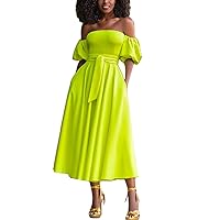 2023 Women's Shoulder Solid Color Elegant Puff Sleeve Dress Belt Dress 2XL