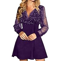 Women's Cocktail Dresses Sexy V Neck Lace Sheer Mesh Long Sleeve Sparkly Glitter Wedding Guest Evening Short Dress