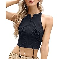 Womens Cropped Drawstring Y2K Tank Top Zip Up Ruched Cargo Vest Sleeveless Slim Fit Summer Streetwear