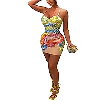 Womens Sexy Sleeveless Rhinestone Floral Print Package Hip Dress Strap Dress Nightclub Dress