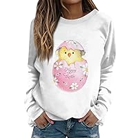 Holiday Easter Shirts for Women Crewneck Long Sleeve Plus Size Bunny & Eggs Print Comfy Sweatshirts Pullover S-3XL