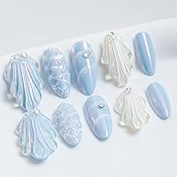 Handmade Press On Nail Medium Long Almond Oval Blue White Pearl Shell Fake Tip 3D Design Art Charms Cute with Storage Box 10 Pcs (Blue-S)