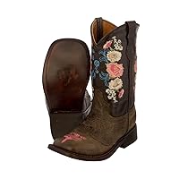 Girls Jazmin Brown Toddler Floral Embroidery Cowgirl Boots Square Toe