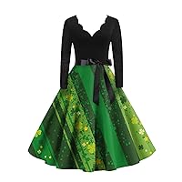 Women's Cute Clover Print Vintage Classic Dress Long Sleeve St. Patrick's Day V-Neck Swing Dress, S-2XL