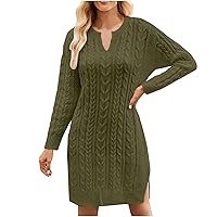Women Side Slit Knit Dress Trendy Cable Sweater Pullover Dress Casual Crewneck Wrap Jumper Long Sleeve Mini Dresses