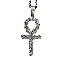 Flower Ankh Cross Men Women 925 Italy Iced Silver Charm Ice Out Pendant Stainless Steel Real 3 mm Rope Chain, Mans Jewelry, Iced Pendant, Rope Necklace 16