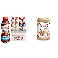 Premier Protein 8 Flavor Protein Shake Variety Pack and Cafe Latte Protein Powder Bundle, 30g Protein, 24 Vitamins & Minerals
