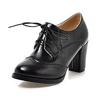 Womens PU Leather Oxfords Wingtip Lace up Thick High Heel Pumps Round Toe Shoes Vintage Classic