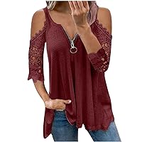 Plus Size Off Shoulder T Shirts for Women, Womens Lace Hollow Out Blouse Zipper V Neck Tunic Top for Leggings