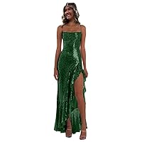 UZN Spaghetti Straps Sequin Prom Dresses Long for Women Slit Ruffle Hem Formal Party Evening Gowns