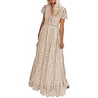 MEROKEETY Women's V Neck Short Sleeve Floral Lace Wedding Dress Bridesmaid Cocktail Party Maxi Dress