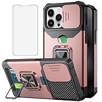 NKECXKJ Design for iPhone 15 Pro Max Phone Case with Screen Protector Card Holder Stand Kickstand Heavy Duty Slim Shockproof Hybrid Rugged Drop Protective Cover for Women Men Girls 6.7 inch Rose Gold