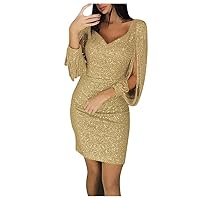 Women's Navy Formal Dress Sexy Solid Sequined Stitching Shining Club Long Sleeved Mini Dress Cocktail, S-3XL