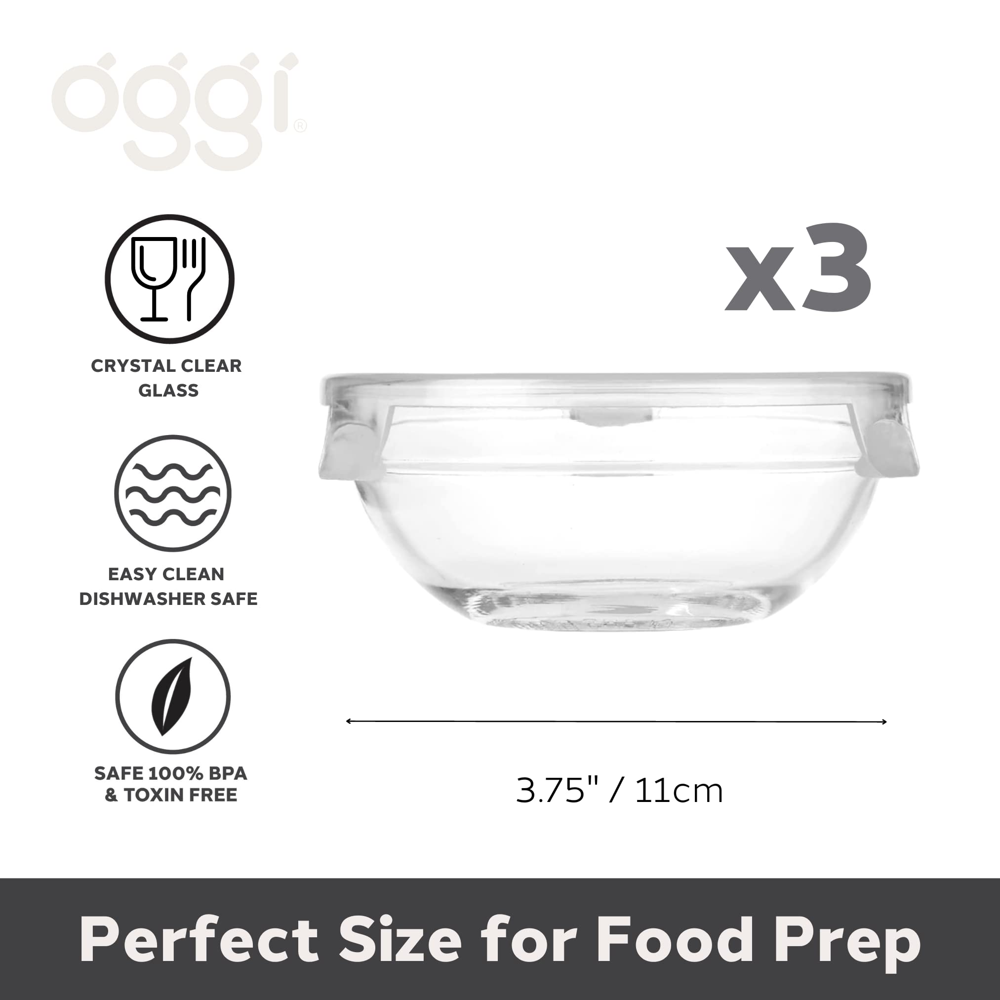 Oggi Set of 3 x Glass Pinch Bowls - 4oz with Clip Lids, Ideal as Salt and Pepper Bowls, Storage Bowls with Lids, Condiment Bowls, Mini Bowls, Prep Bowls for Cooking or Mise en Place Bowls - Clear
